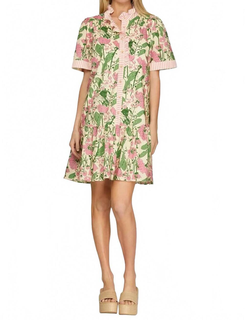 NEW SHE + SKY short sleeve mini printed dress in pink